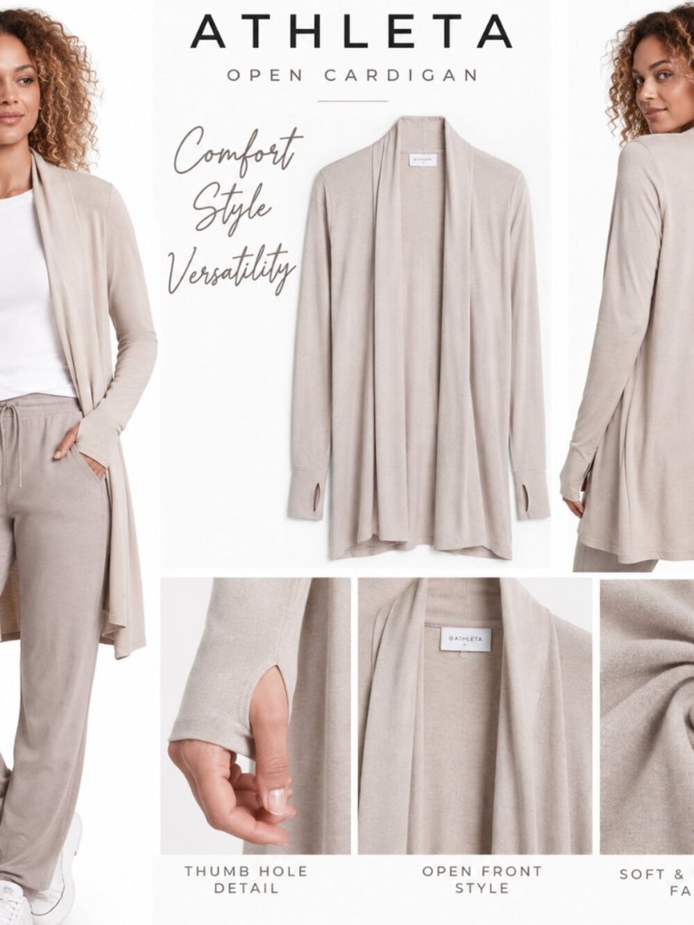 Athleta Beige Open Front Long Cardigan Thumb Hole Duster Athleisure Minima Sz XS